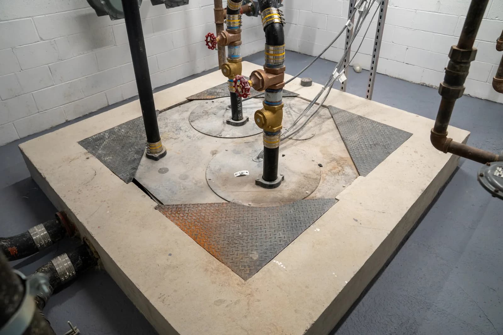 Finished equipment pad and utility connections in the rebuilt service room