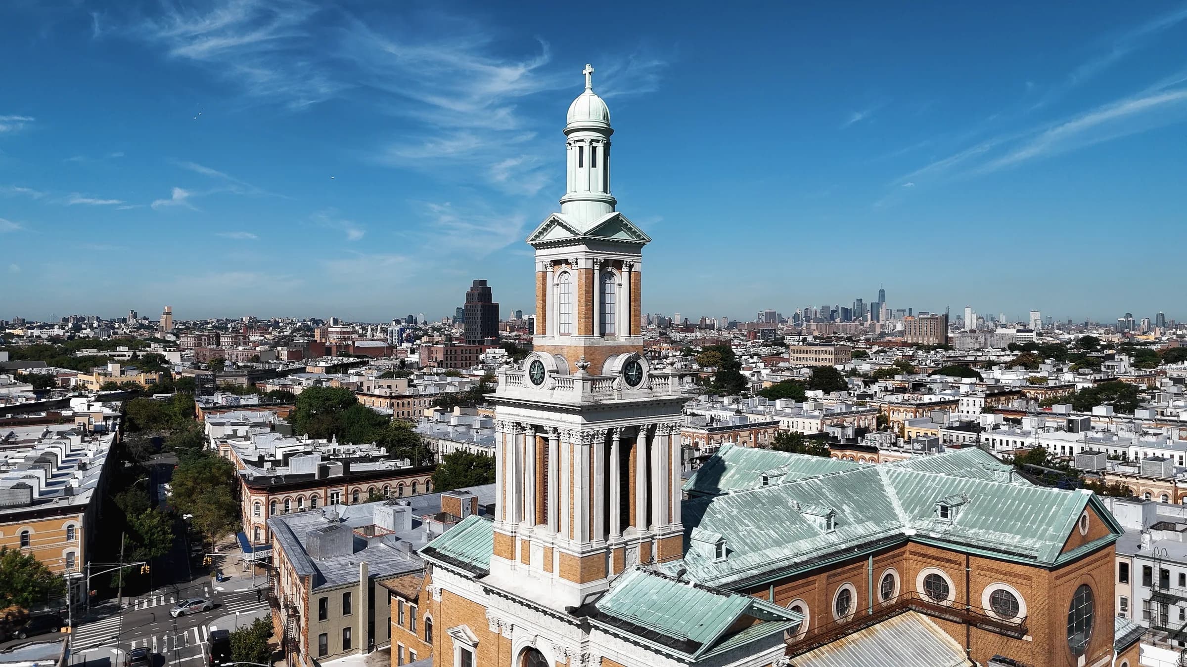 Aerial view of St. Matthias RC Church and the Ridgewood neighborhood in Queens