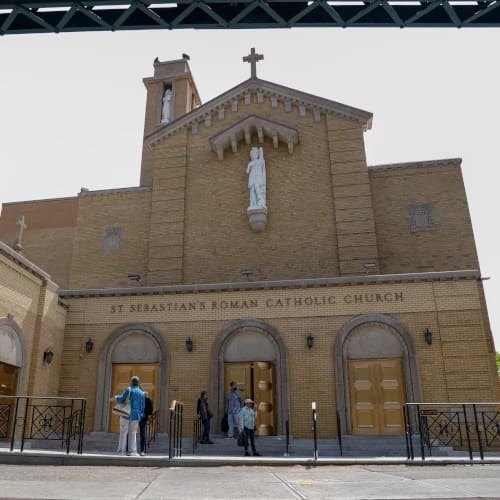 Restored facade of St. Sebastian Roman Catholic Church